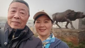 雕像牛合影留念 雕像牛合影留念